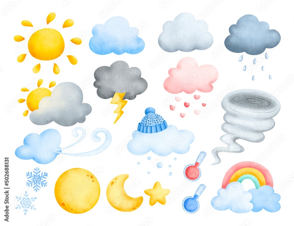 Fototapeta premium Watercolor set of Weather elements 