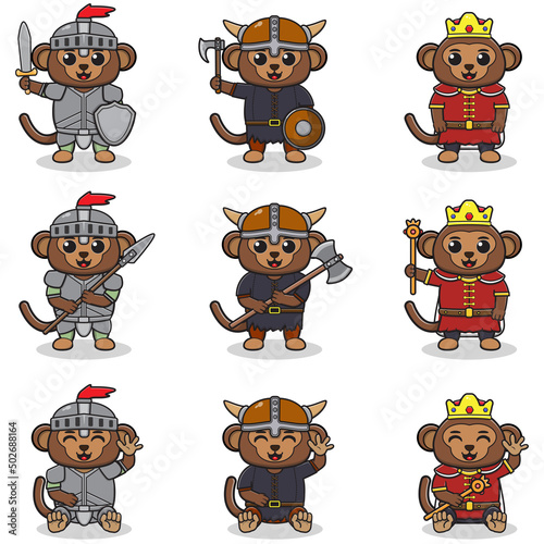 Vector illustrations of Monkey characters in various medieval outfits. King, viking and knight costume. Vector illustration bundle