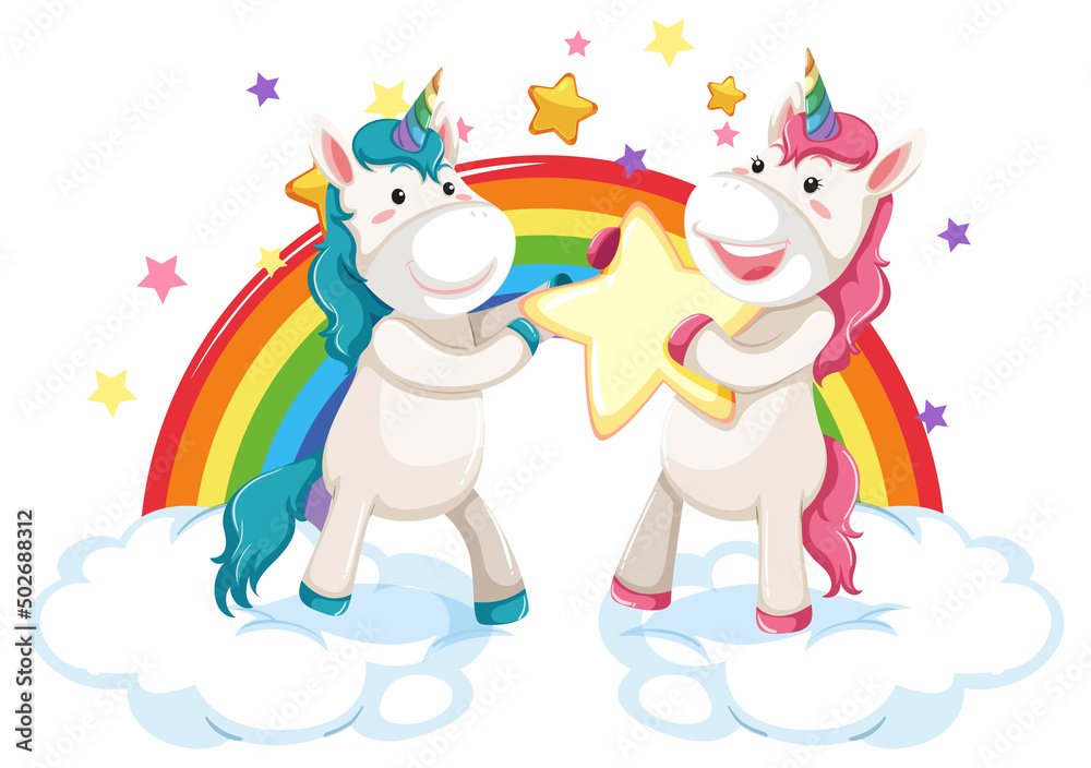 Naklejka premium Two cute unicorns standing on clouds with rainbow