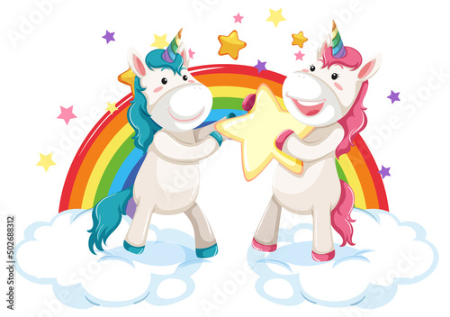Two cute unicorns standing on clouds with rainbow