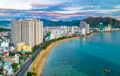 The coastal city of Nha Trang seen from above in the afternoon with its beautiful city and clean sandy beach attracts tourists to visit in Nha Trang  Vietnam