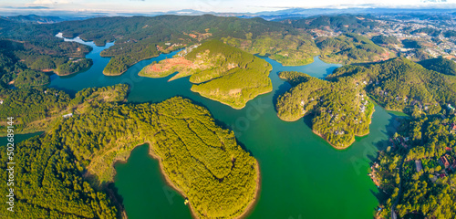 View Tuyen Lam lake seen from above with blue water and paradise islands below give this place a relaxing tourist attraction. This is a hydroelectric lake that provides energy for highlands Vietnam