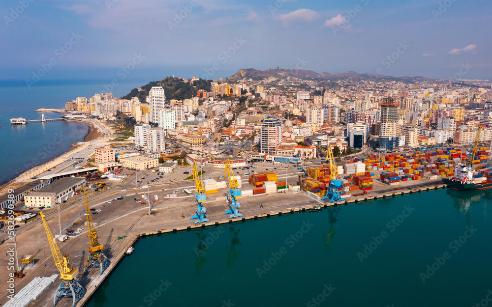 Cityscape of Durres with view of port, Adriatic sea shore, Albania.