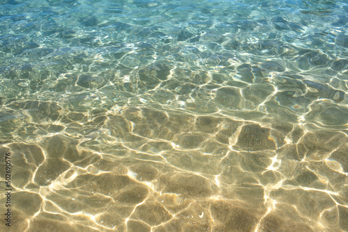 The clarity of the sea is clear and blue.Close up shout of clear, mildly wavy sea on a summer day