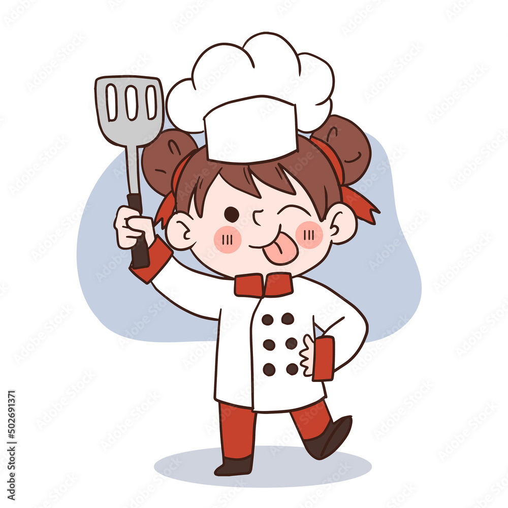 Happy smile little girl chef.kid cooking concept.Doodle hand drawn vector illustration. Happy smile little girl chef.kid cooking concept.Doodle hand drawn vector illustration.