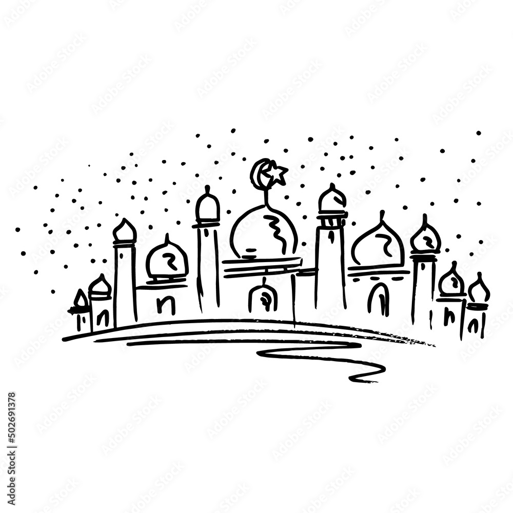Naklejka premium Mosque, doodle, sketch and illustration