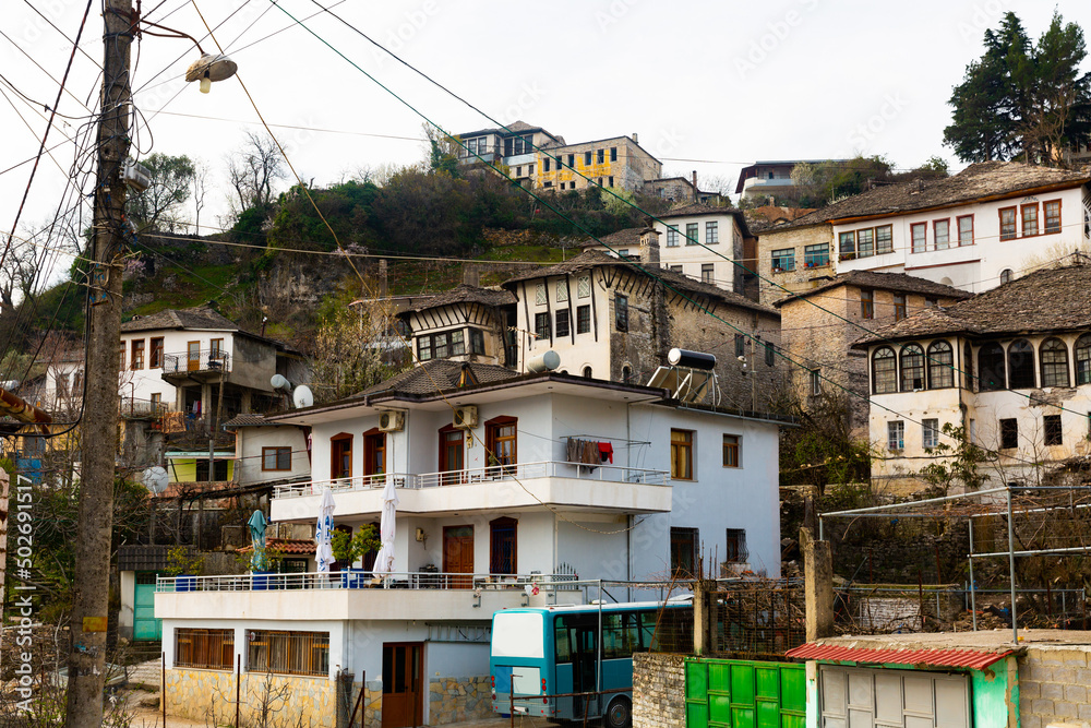 Fototapeta premium Aged buildings of Albanian old town Gjirokaster. Houses of Dunavat quarter.