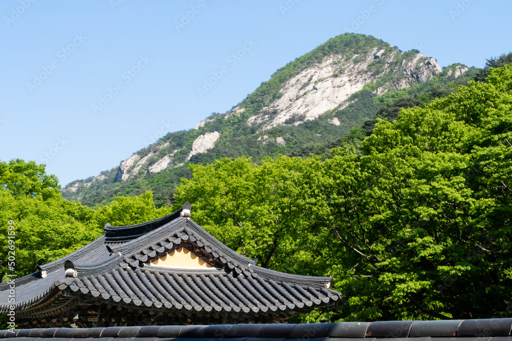 Stone mountain and blue sky visible behind Korean traditional tiled roof