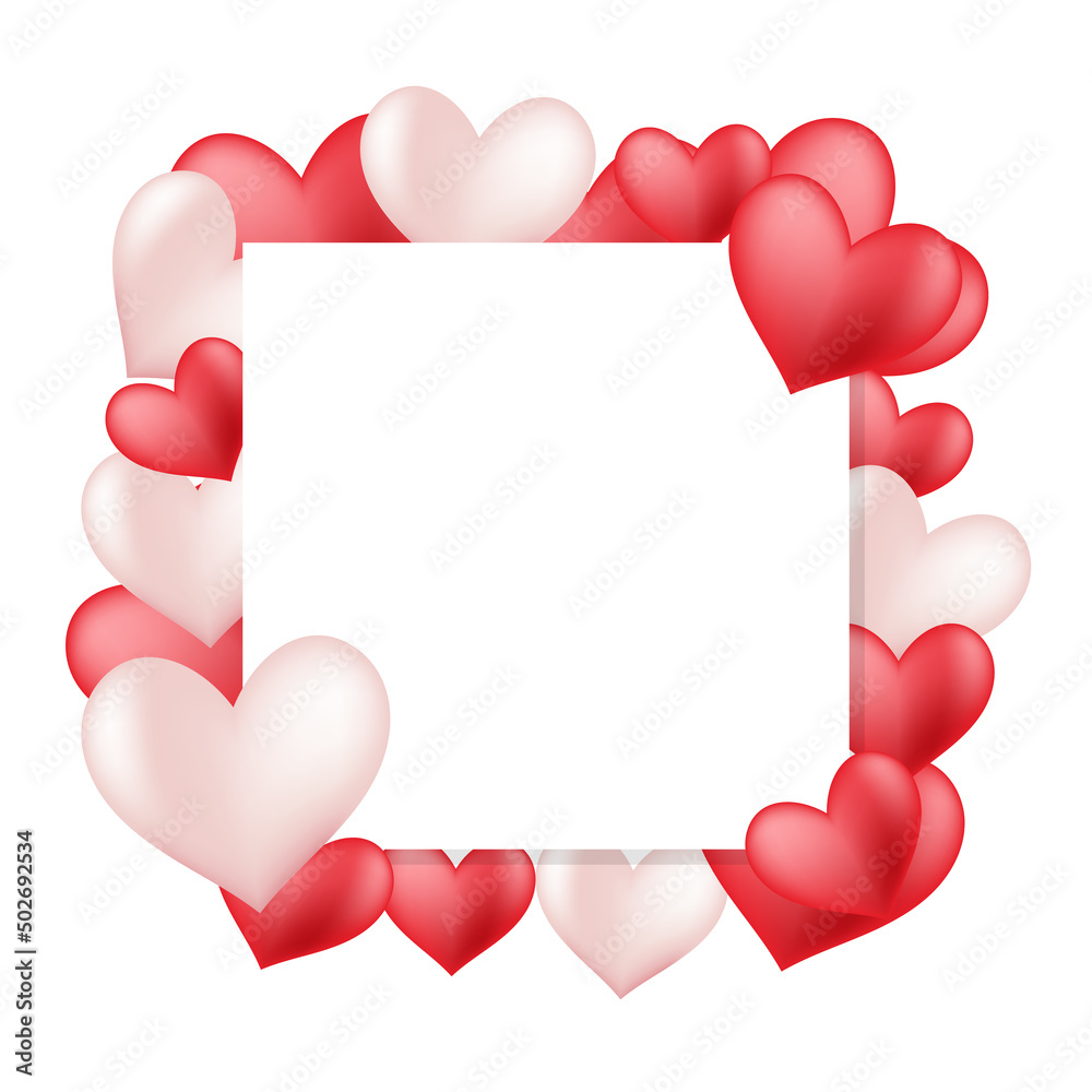 Square frame with delicate decoration of small red and white hearts