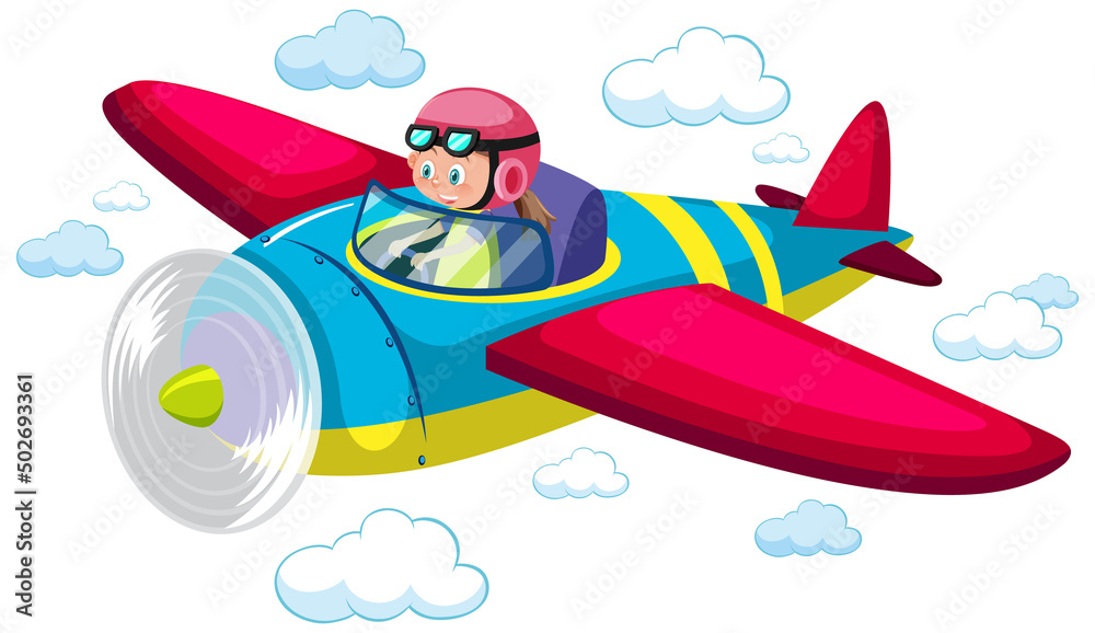 Girl flying cute airplane in the sky Girl flying cute airplane in the sky