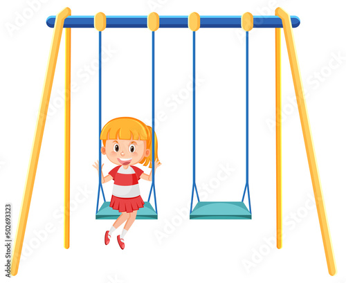 Kid on swing set playground on white background