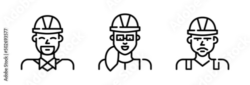 Construction engineer, foreman and worker wearing a hard hat. Pixel perfect, editable stroke line art icon