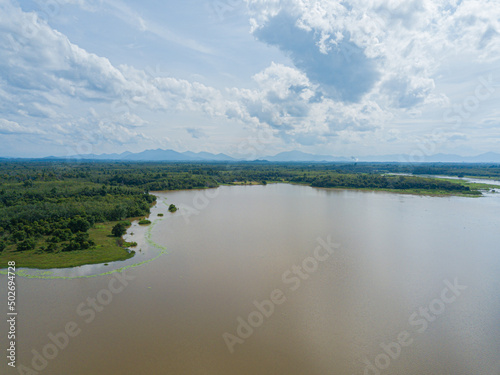 Aerial drone view of lake scenery at Danau Tok Uban  Tanah Merah  Kelantan  Malaysia.