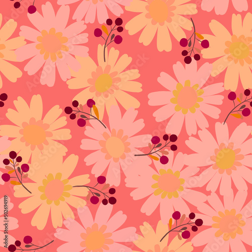 Cute delicate light pink  yellow daisy flowers and red berries seamless pattern