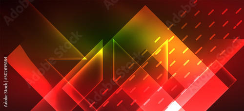 Background neon glowing lines and geometric shapes. Lights in the dark wallpaper for concept of AI technology, blockchain, digital, communication, 5G, science