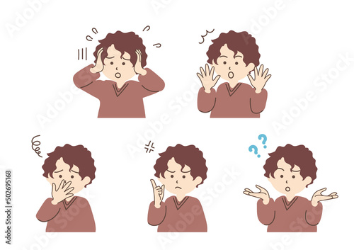 若い男性のシンプルなイラストセット_B02【ゆるやかなパーマヘア】