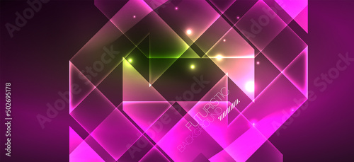 Background neon glowing lines and geometric shapes. Lights in the dark wallpaper for concept of AI technology, blockchain, digital, communication, 5G, science