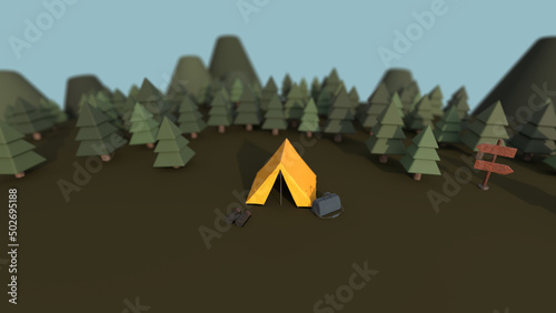 Binoculars and a bag are on the ground next to a small yellow tent in the morning forest. Campground miniature scene. An enjoyable trip to explore nature. 3D rendered.