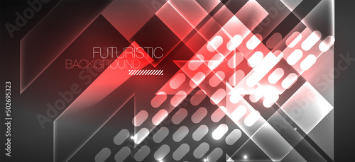Background wallpaper neon glowing lines and geometric shapes. Dark wallpaper for concept of AI technology, blockchain, communication, 5G, science, business and technology