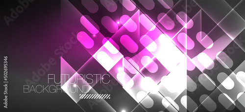 Background neon glowing lines and geometric shapes. Lights in the dark wallpaper for concept of AI technology, blockchain, digital, communication, 5G, science