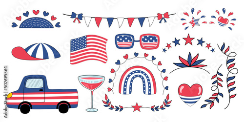 4th of July decorative elements designed in red, white, blue tones, doodle style for cards, scrapbook, t shirt designs, baby, kindergarten, bags, stickers and more.