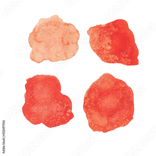 Abstract set red orange color watercolor stains isolated. Watercolor hand drawn texture for design backgrounds
