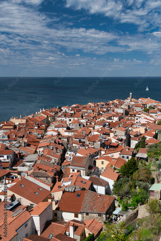 Panoramic view over Piran, Slovenia from Tower of St. George Church with Tartini Square in the center