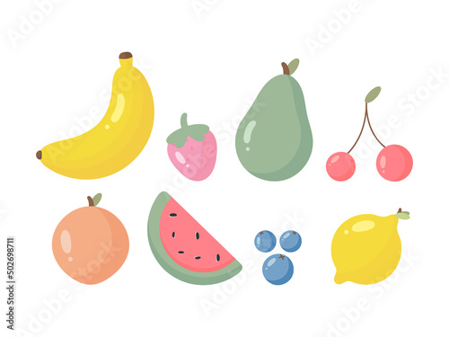 Fruit and Berry set. Vector illustration in cartoon style. For card, posters, banners, books and print for clothes, t shirt, icons.
