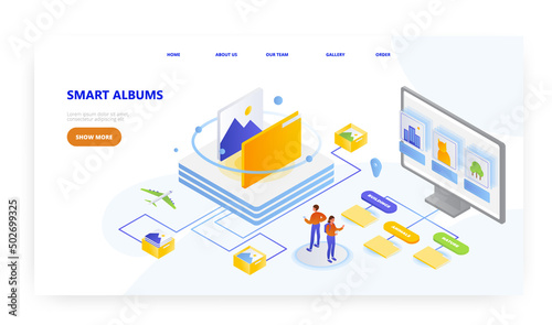 Smart photo albums, landing page design, website banner vector template. Online image gallery.