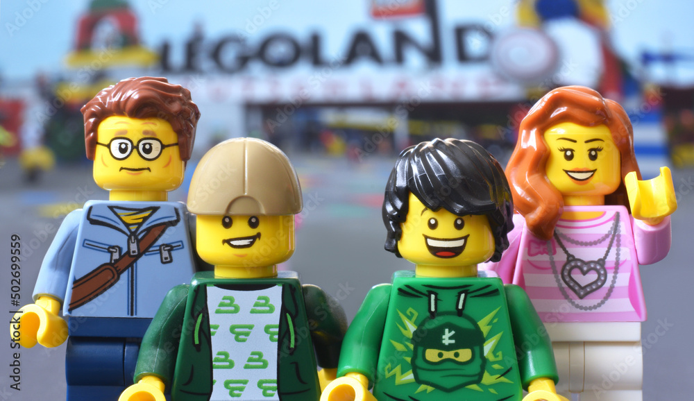 Lego minifigures family on entrance to Legoland. Editorial illustrative  image of parks and free time. Stock Photo