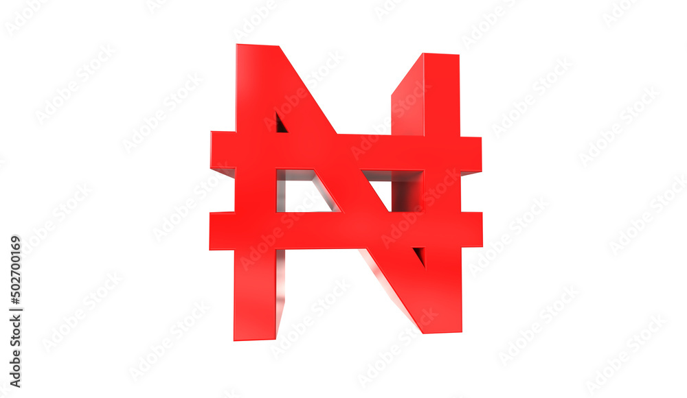 Nigerian naira currency symbol of Nigeria in Red - 3d rendering, 3d illustration