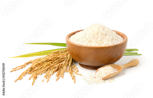 White rice with paddy rice ears isolated on white background. photo