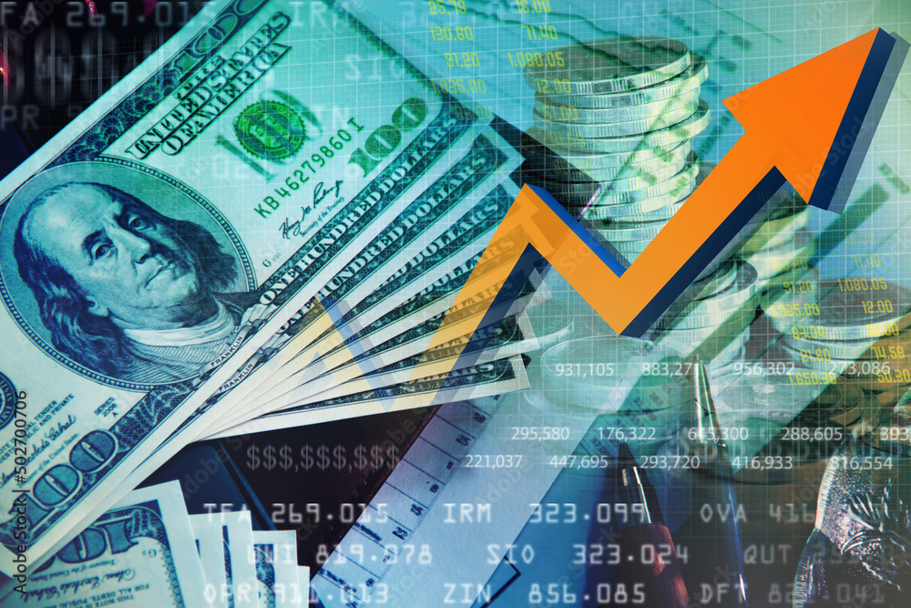 Fototapeta premium Double exposure photo, Dollar Money blur background and graph, Investment manager working new private banking project office, Financial and business concept