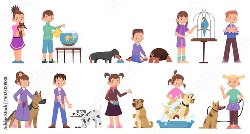 Children - boys and girls play, train with dogs, a cat, a turtle, a parrot, a goldfish in a cartoon style.