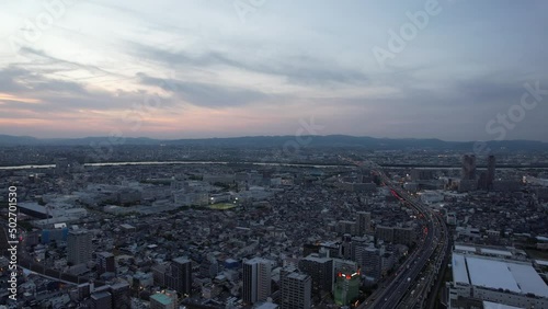 2022年4月　夕暮れ時の門真市駅周辺から空撮