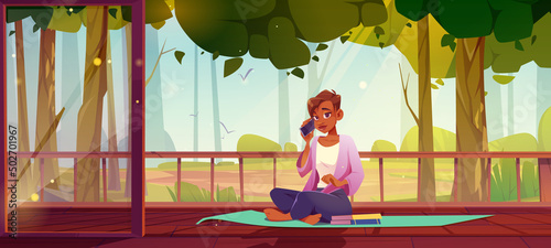 Girl rest on house terrace with view to forest or garden. Vector cartoon illustration of summer landscape with trees, wooden veranda and woman sitting on mat and talking on phone