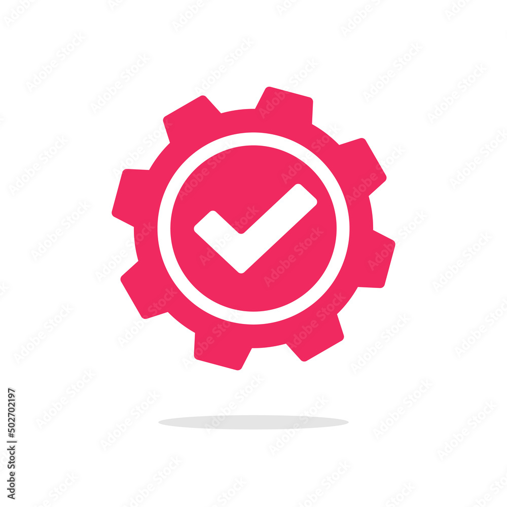 Gear icon with check mark as completed update settings vector or cog wheel checkmark as setup executed change graphic pictogram isolated, digital installed construction approved pinion cogwheel image Gear icon with check mark as completed update settings vector or cog wheel checkmark as setup executed change graphic pictogram isolated, digital installed construction approved pinion cogwheel image