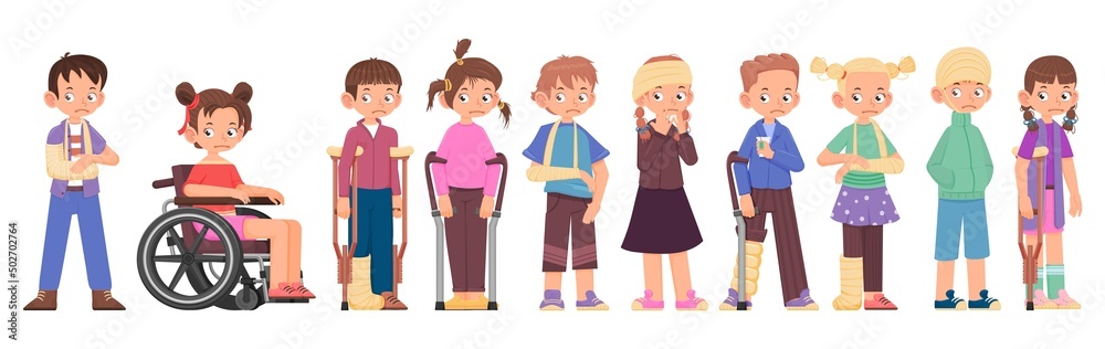 Children boys and girls in bandages with wounds in a cast on a wheelchair, with a bandaged head, cartoon style. Children boys and girls in bandages with wounds in a cast on a wheelchair, with a bandaged head, cartoon style.