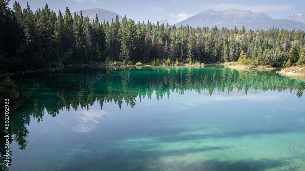 Pristine alpine lake with greenish colour surrounded by forest and mountains, Jasper NP, Canada Pristine alpine lake with greenish colour surrounded by forest and mountains, Jasper NP, Canada