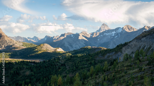 Beautiful mountain range with forest in foreground just before sunset, Mt Assiniboine PP, Canada