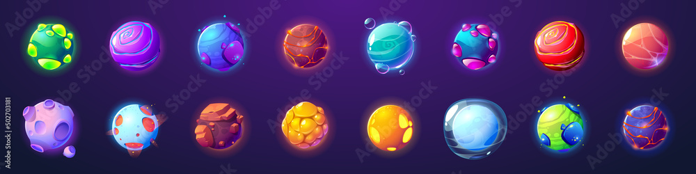 Alien planets, cartoon fantastic asteroids, galaxy ui game cosmic world objects, space design elements. Pimpled spheres, comets, moon with craters, glow plasma and lava, Vector illustration, icons set - obrazy, fototapety, plakaty 