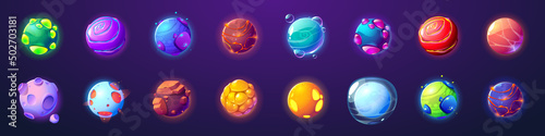 Photographie Alien planets, cartoon fantastic asteroids, galaxy ui game cosmic world objects, space design elements