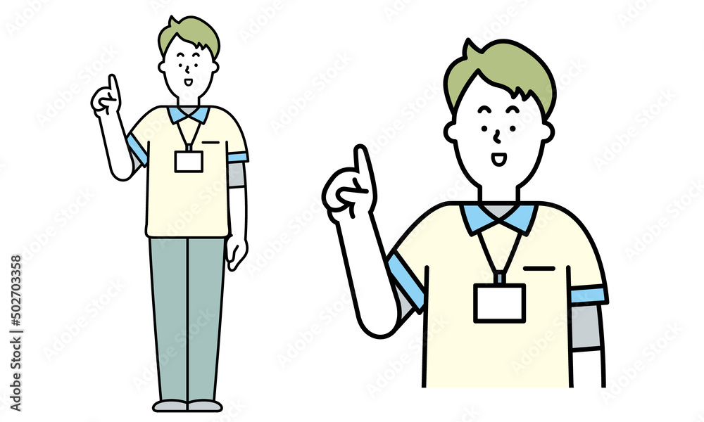 人差し指を立てているユニフォームを着た男性の介護士の全身イラスト素材。