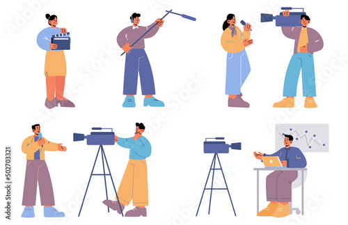 Set tv employees, professional cameraman, videographer and journalist characters record video on camera. Presenter broadcast news, mass media worker, profession, job, Linear flat vector illustration