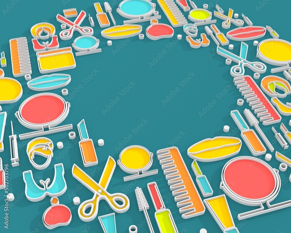 Cosmetology and fashion concept. Template for presentation. Circle frame with thin line icons. 3D render Cosmetology and fashion concept. Template for presentation. Circle frame with thin line icons. 3D render