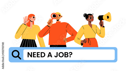 Job search banner, we are hiring recruitment concept with hr managers search candidate making announcement and browser bar. Characters with loudspeaker and glass. Human resource linear flat vector ads