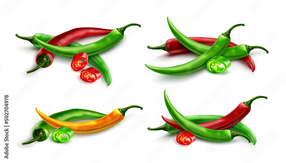 Red chili pepper, hot spicy plant pod, paprika cayenne with green stem vector realistic illustration isolated on white background. Chopped ripe vegetable with shadow - obrazy, fototapety, plakaty 