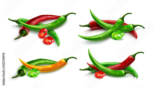 Photo Red chili pepper, hot spicy plant pod, paprika cayenne with green stem vector realistic illustration isolated on white background