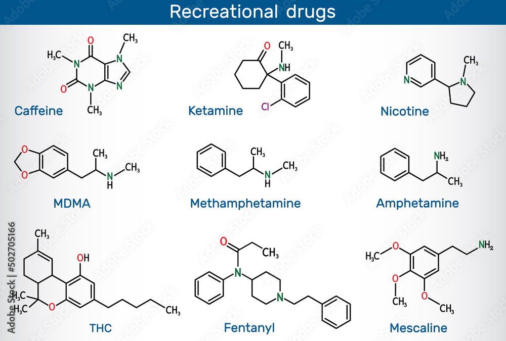 Psychoactive drugs: caffeine, nicotine, amphetamine, methamphetamine (crystal meth), MDMA (ecstasy), fentanyl (fentanil), ketamine, tetrahydrocannabinol (THC), mescaline. Recreational drugs molecule. - obrazy, fototapety, plakaty 