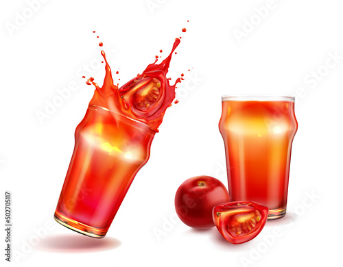 Sliced tomatoes and glass with tomato juice and splash realistic vector illustration isolated on white background. Fresh pomodoro drink, raw organic beverage